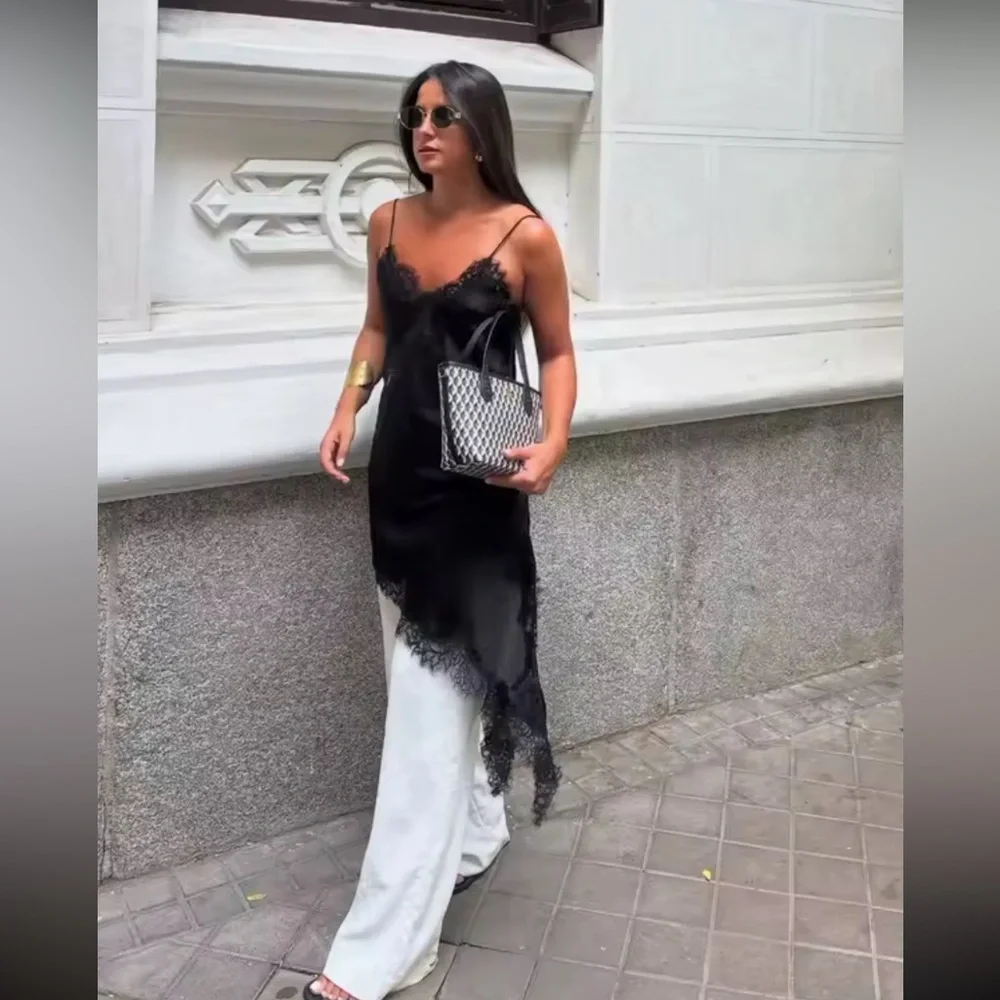 NWT - Lace Silk Black Slip Dress - Straps - Mini Dress - Y2K -Bohemian Zara Like - Picture 2 of 7